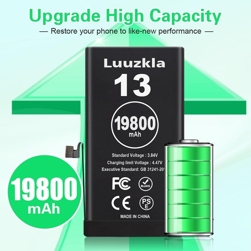 Luuzkla بطارية بسعة 19800mAh (ترقية جديدة 2025) متوافقة مع آيفون 13، بطارية بسعة فائقة متوافقة مع آيفون 13، مع مجموعة أدوات كاملة - 0 دورة سعة عالية - خدمة لمدة 24 شهرًا - Image 2
